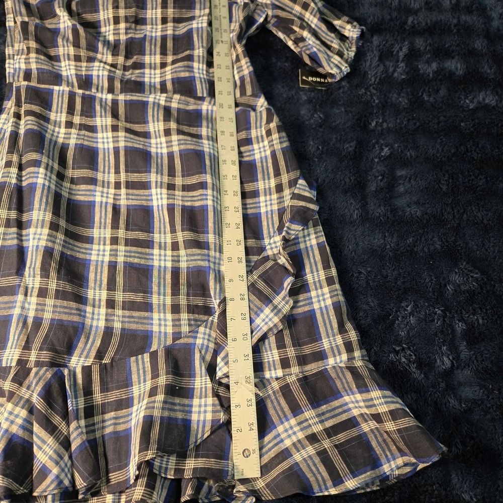Donna Morgan One Shoulder Plaid Linen Blend Ruffle Dress Blue Tan Womens 10 NEW - Picture 3 of 9